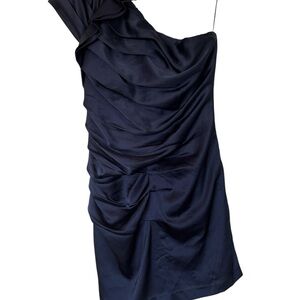 Express Blue Satin Dress size 10 Tiered One Shoulder Short Navy Ruffle